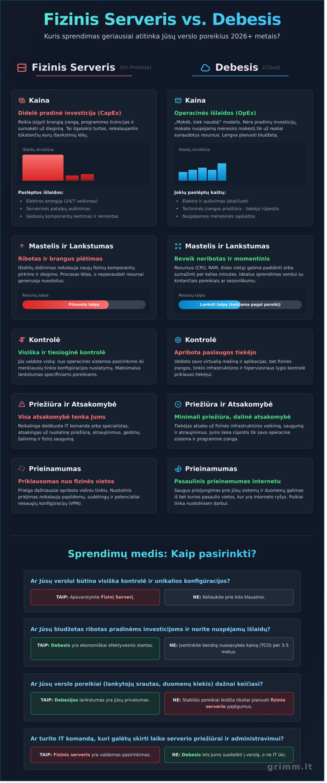 Fizinis serveris vs. debesis: Kuris sprendimas Jūsų verslui tinka labiausiai 2026 m.? - Infographic - Čia prasideda tikroji IT pagalba