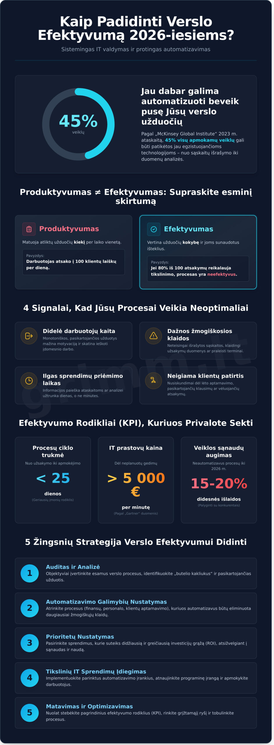 Verslo efektyvumas Kaip IT sprendimai ir automatizavimas transformuoja įmones 2026 m - Infographic - Čia prasideda tikroji IT pagalba