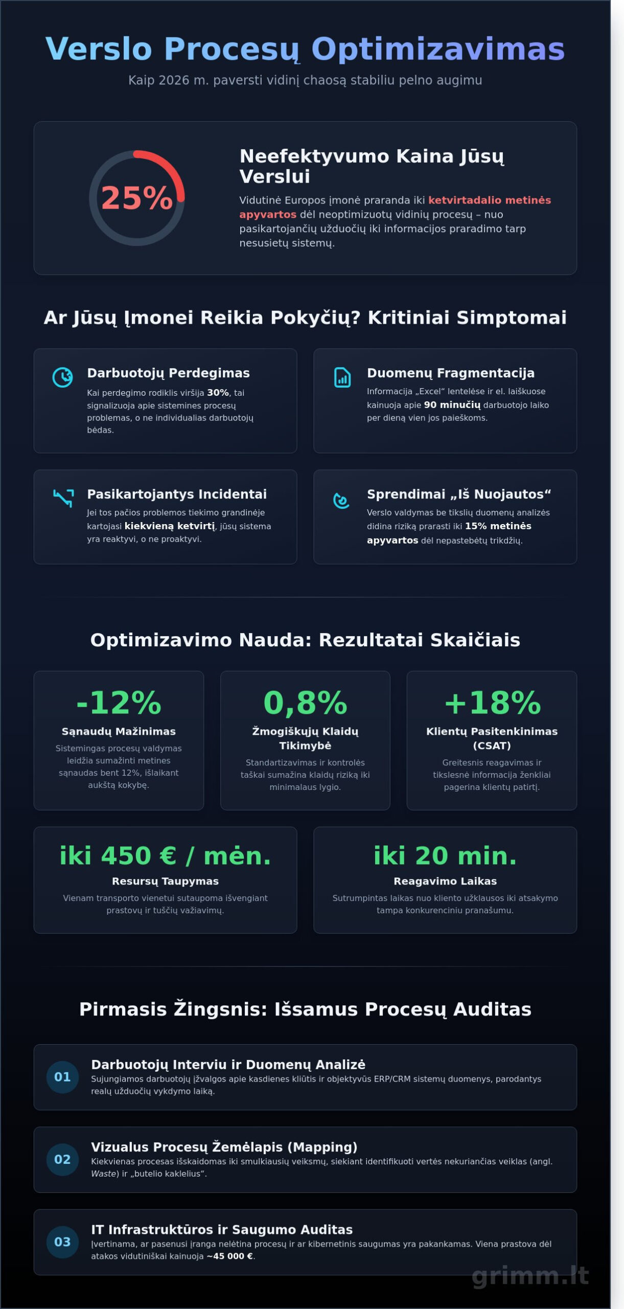 Verslo procesų optimizavimas Išsamus gidas įmonės efektyvumui didinti 2026 m - Infographic - Čia prasideda tikroji IT pagalba